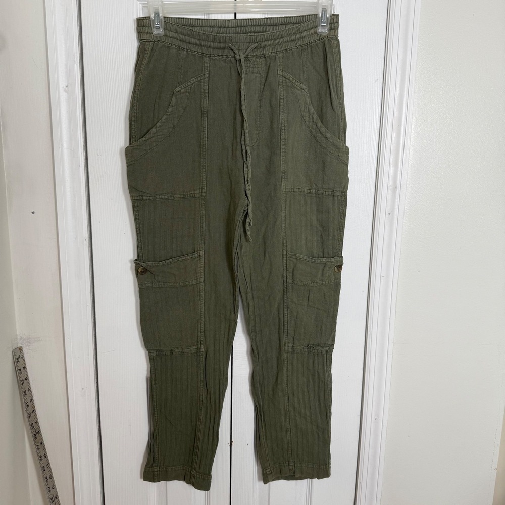 Free People Feel Good Linen Cargo Joggers XS Green Utility Gorpcore Boho Pants - Picture 2 of 11